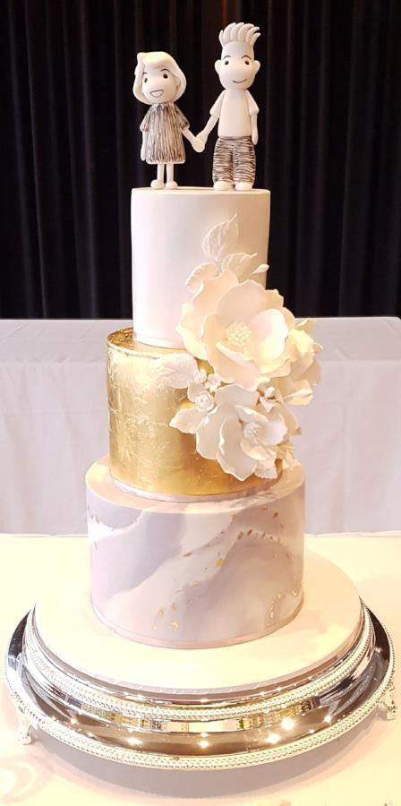 3 tier wedding cake marble base gold sugar flower custom cake topper