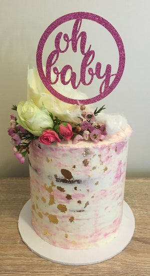 Baby Shower Cake with gold leaf flowers and Pink glitter cake topper