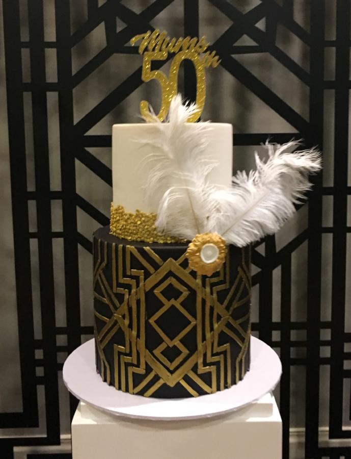50th birthday cake black and gold retro great gatsby feather